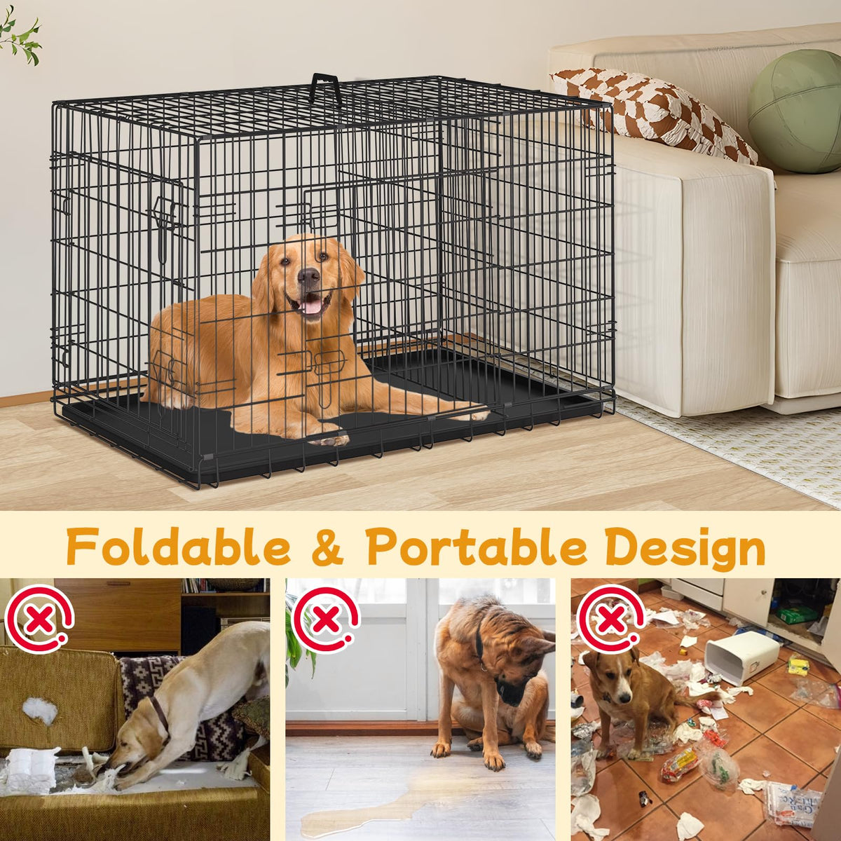 48 Inch Folding Metal Wire Dog Crate with Divider Panel & Removable Tray N81259